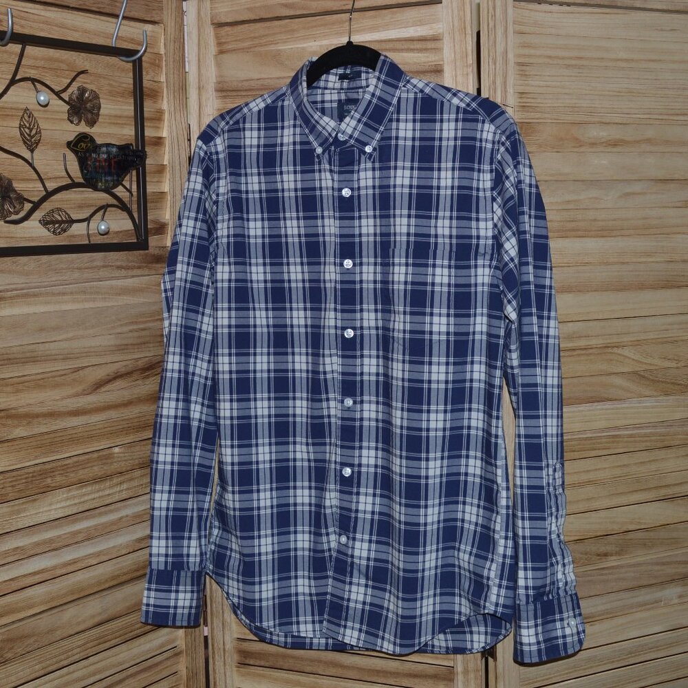 J. Crew M Blue Plaid L/S Shirt Slim Flex Washed